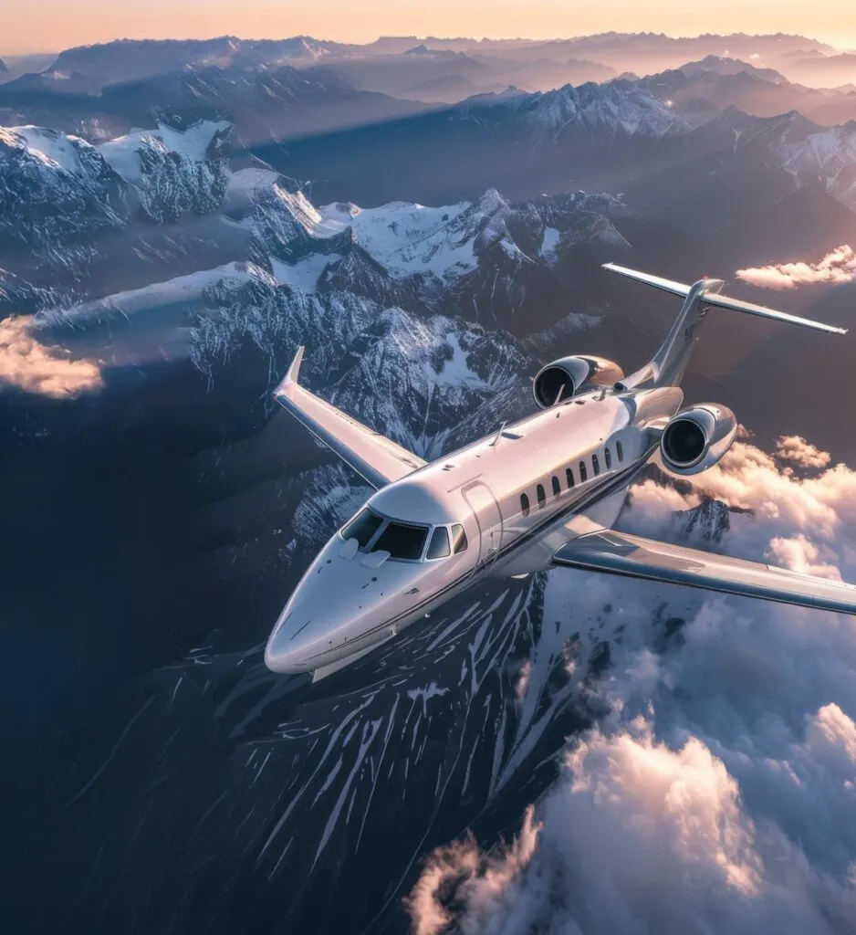Private jet flying over snow-capped mountains at sunrise