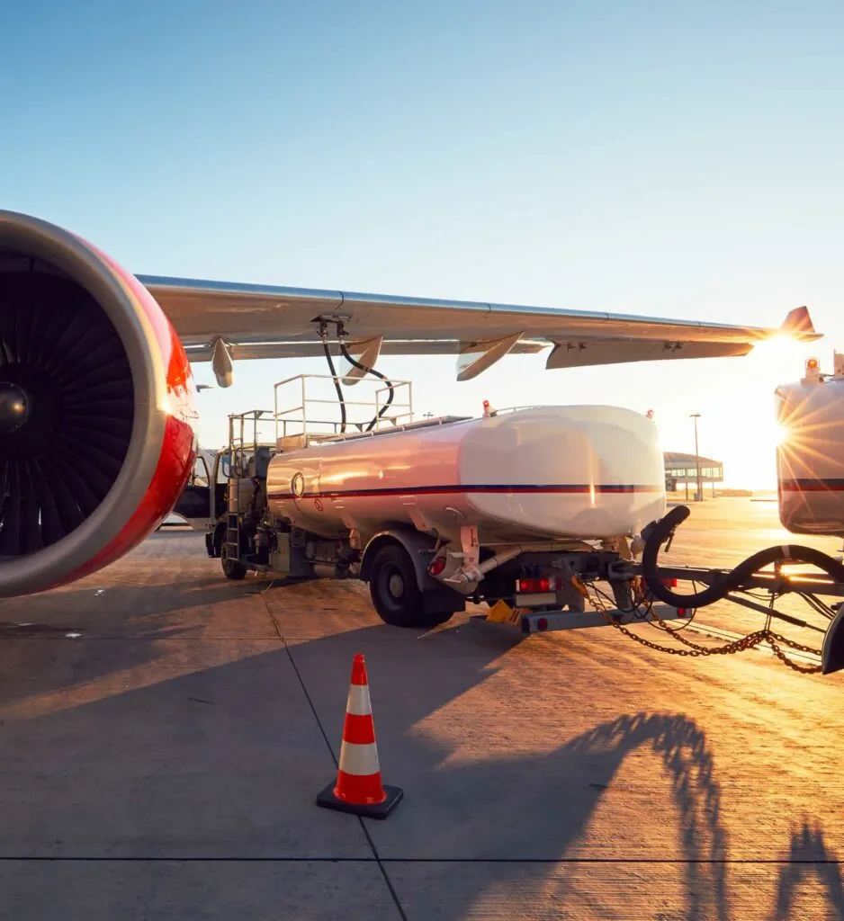 Fuel truck refuelling an airliner on the apron at sunrise
