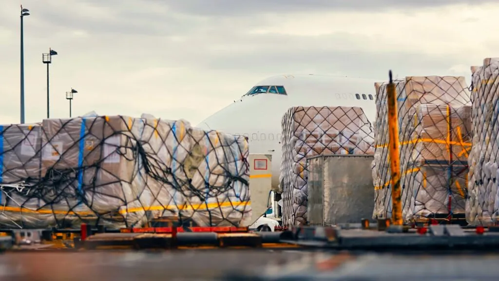 Air cargo pallets waiting to be loaded onto a freighter aircraft