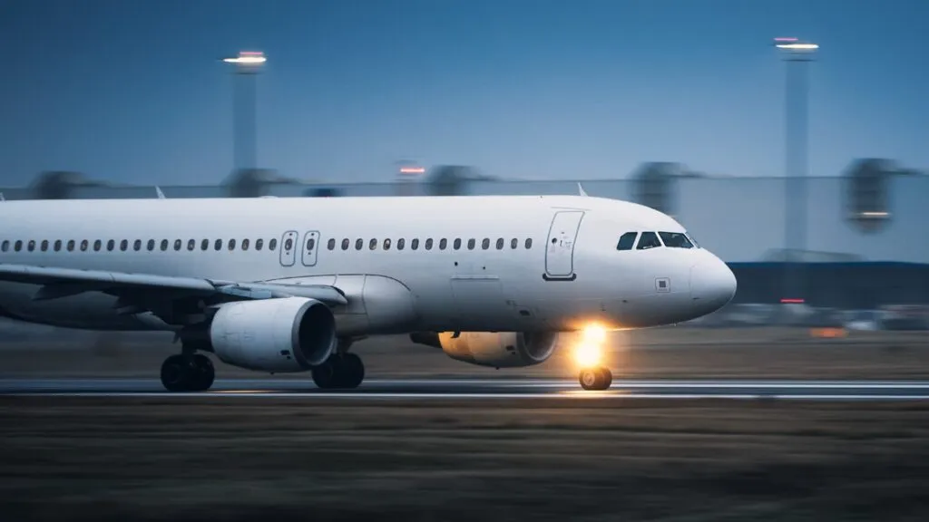 Commercial airliner taking off at dusk