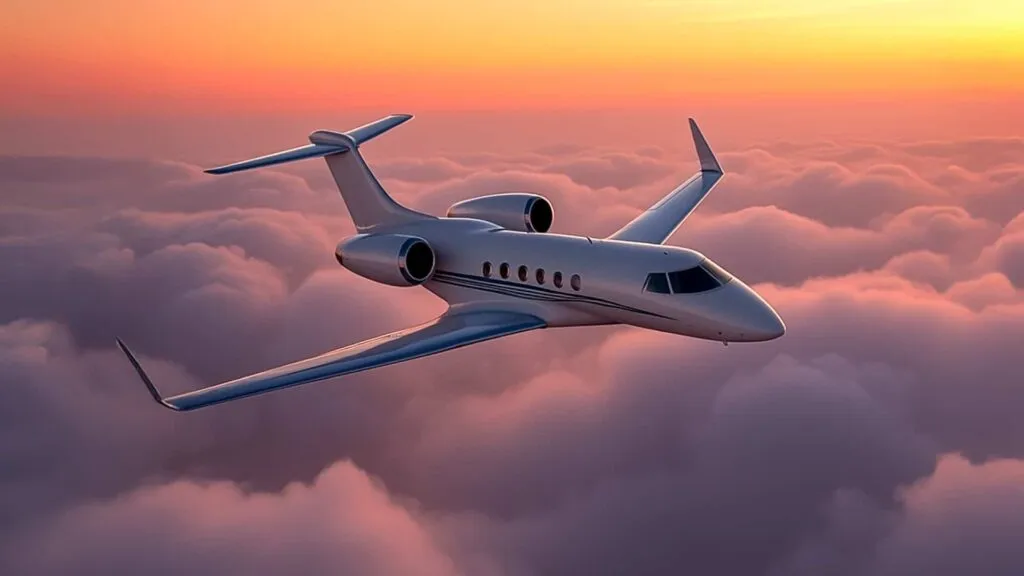 Private jet flying above the clouds at sunset