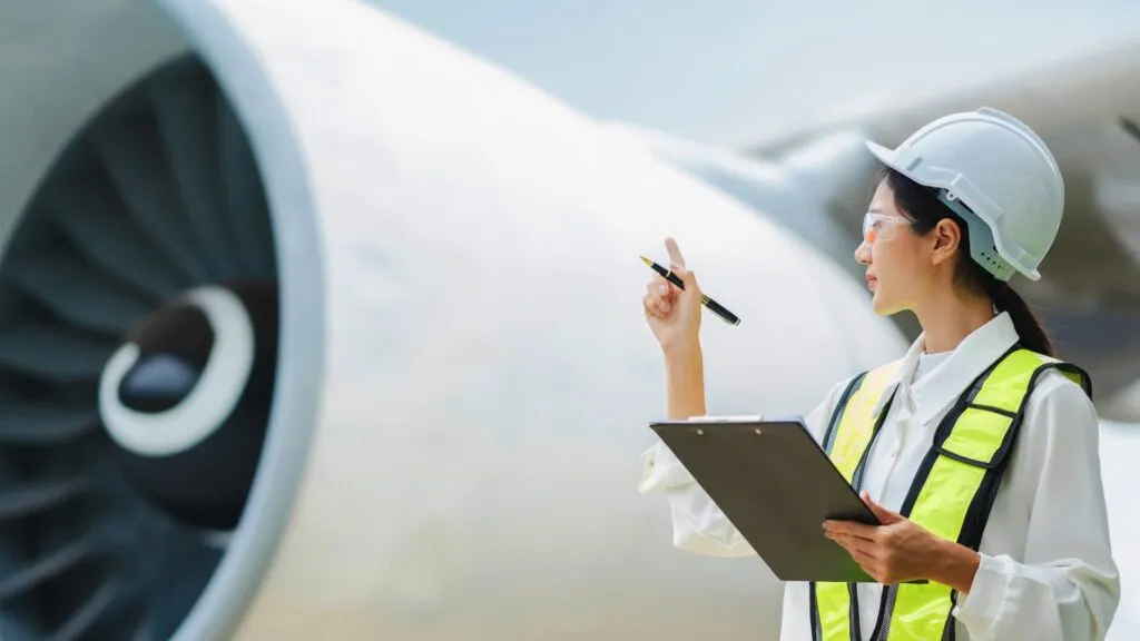 Aircraft engineer inspecting a jet engine with a checklist