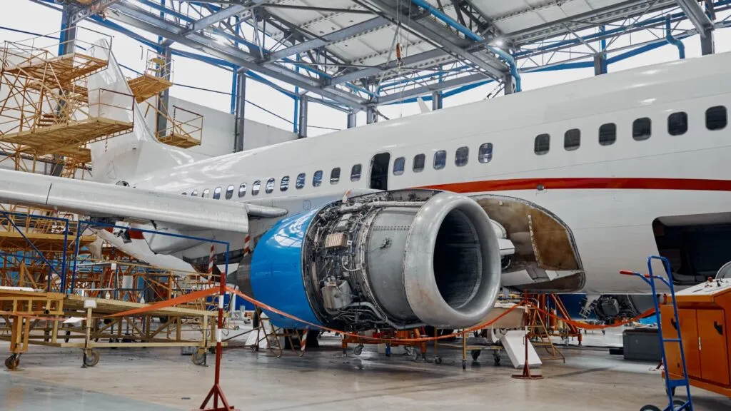 Airliner engine opened for maintenance in a hangar