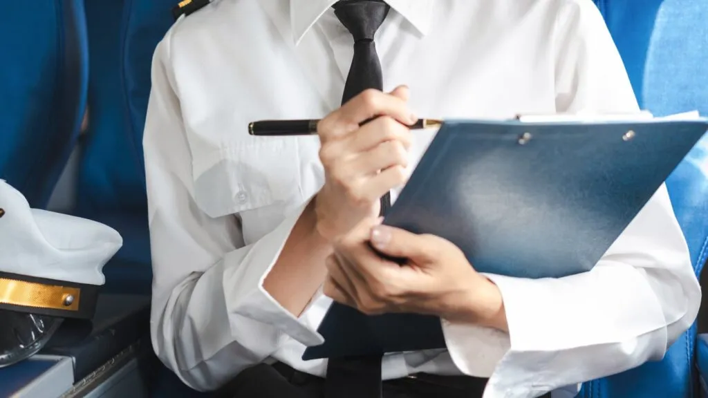 Pilot filling in flight planning documents on a clipboard