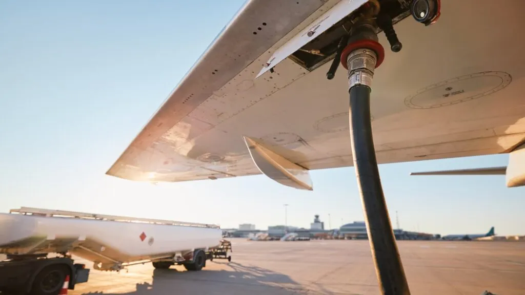 Jet fuel hose connected under an aircraft wing during refuelling