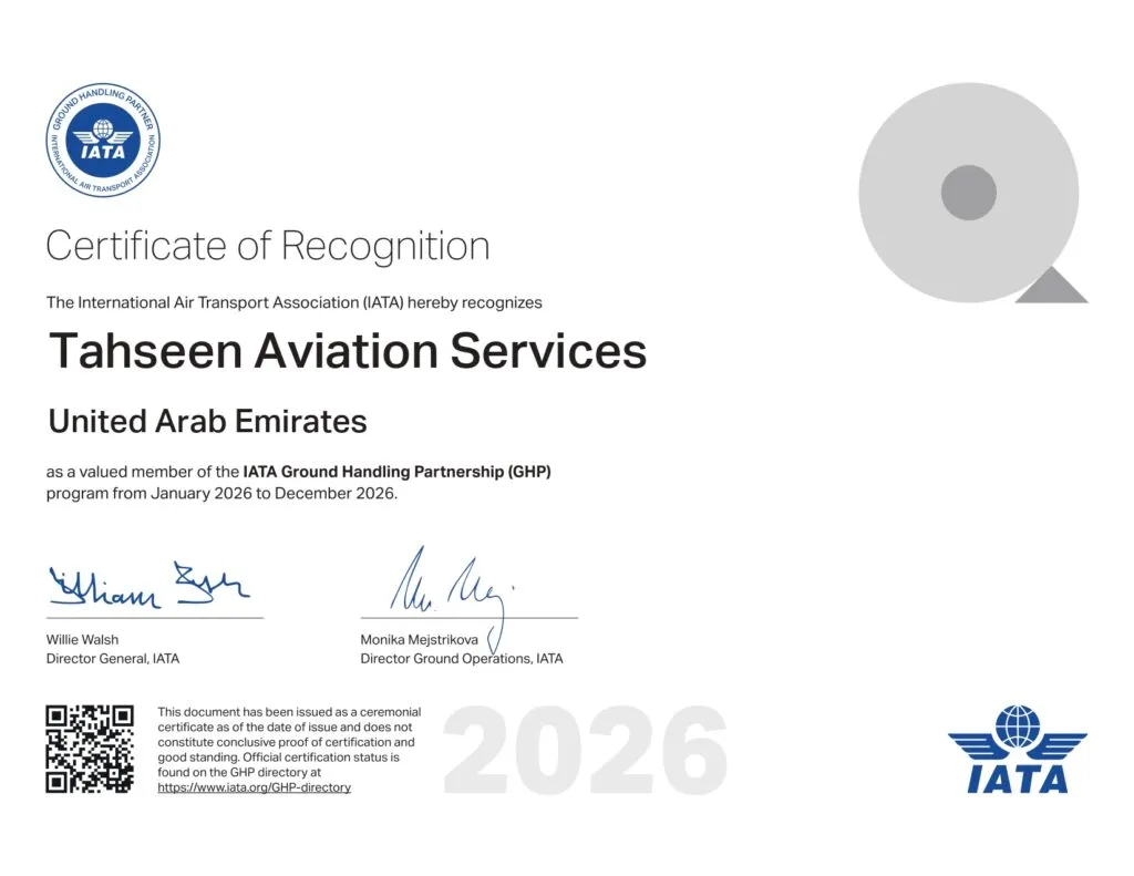 IATA certificate recognising Tahseen Aviation Services as a member of the IATA Ground Handling Partnership (GHP) for 2026
