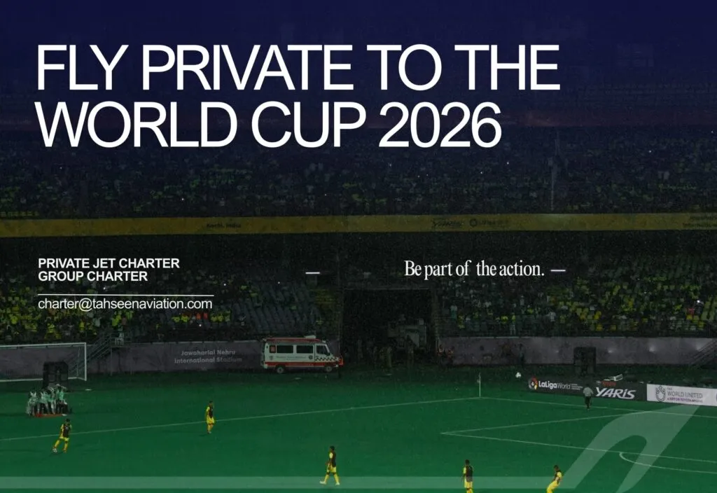 Football stadium at night: Fly Private to the World Cup 2026