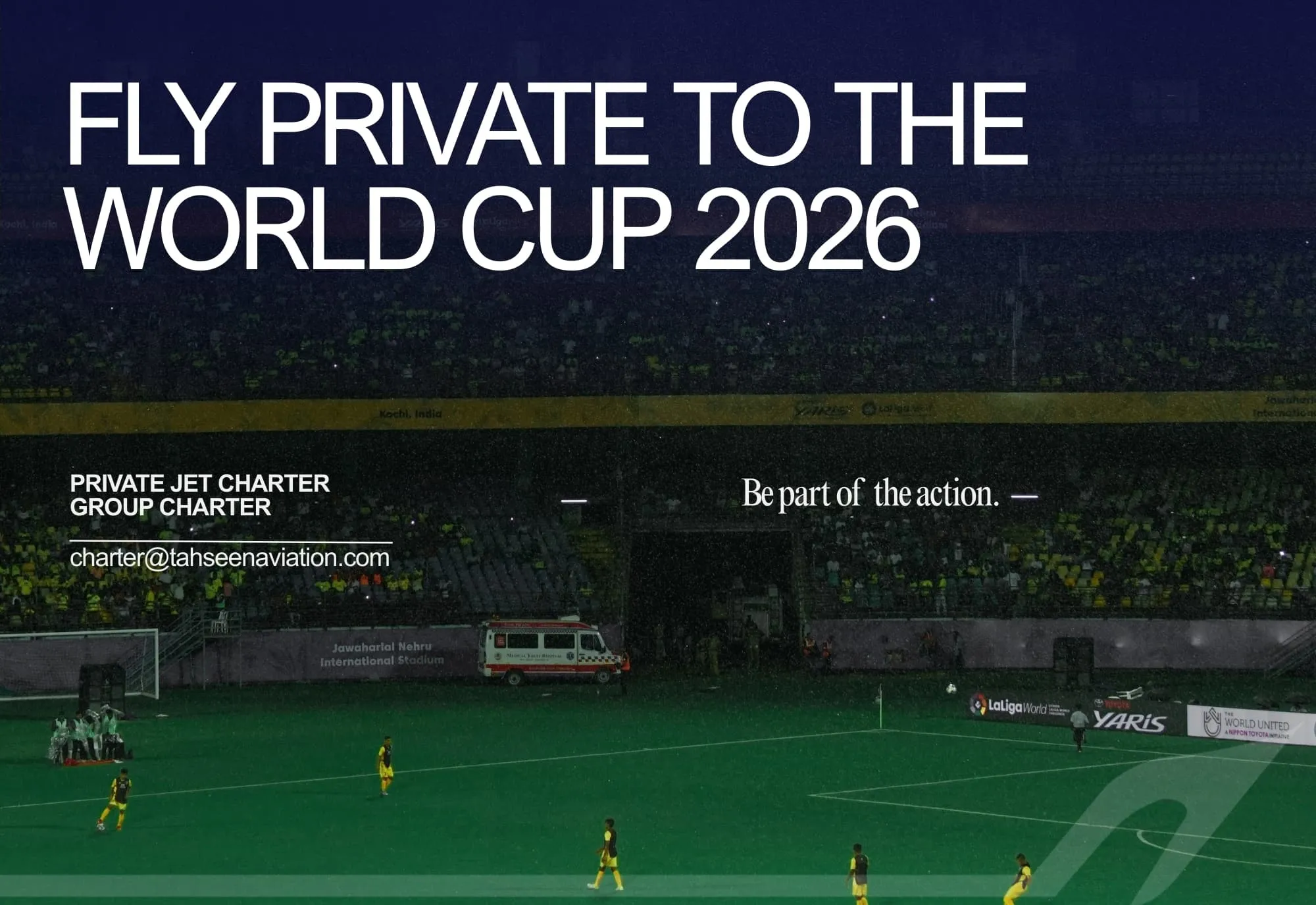 Football stadium at night: Fly Private to the World Cup 2026